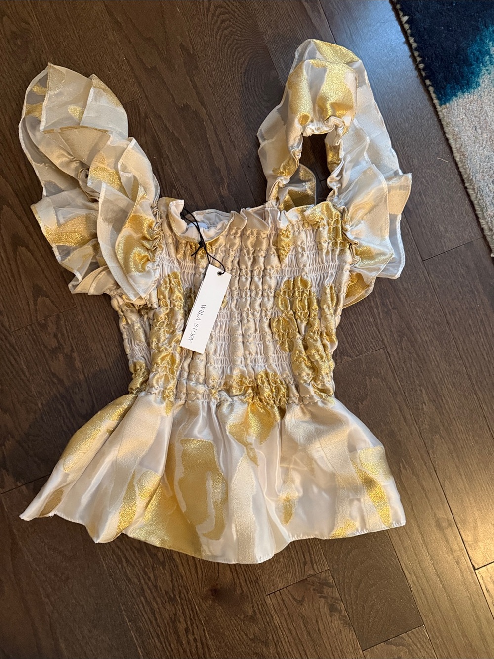 Ulla Johnson Cream and Yellow Smocked Ruffle Tank